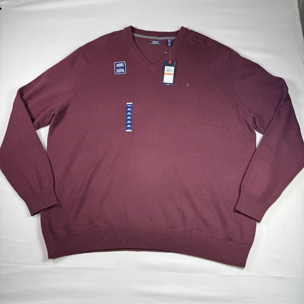 IZOD Mens V-Neck Sweater Port Royale Burgundy 3XLT Big & Tall Stretch NEW